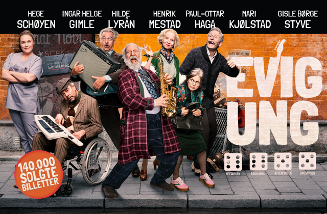 Promobilde for Evig ung komedie med Schoeyen Hjelmeland Mestad Maurstad Gimle og Styve